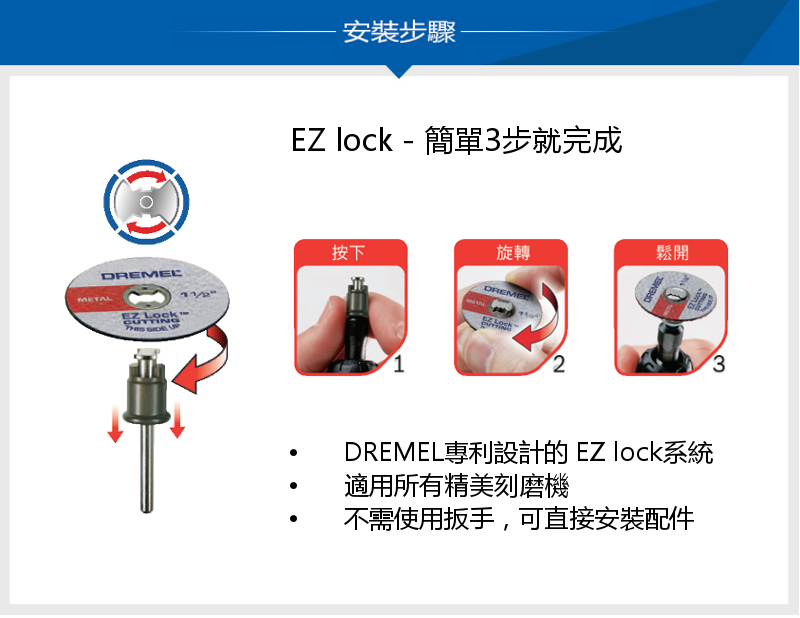 Lock 安裝步驟EZ  - 簡單3步就完成按下旋轉1DREMEL2DREMEL鬆開DREMEL專利設計的 EZ lock系統適用所有精美刻磨機不需使用扳手,可直接安裝配件3